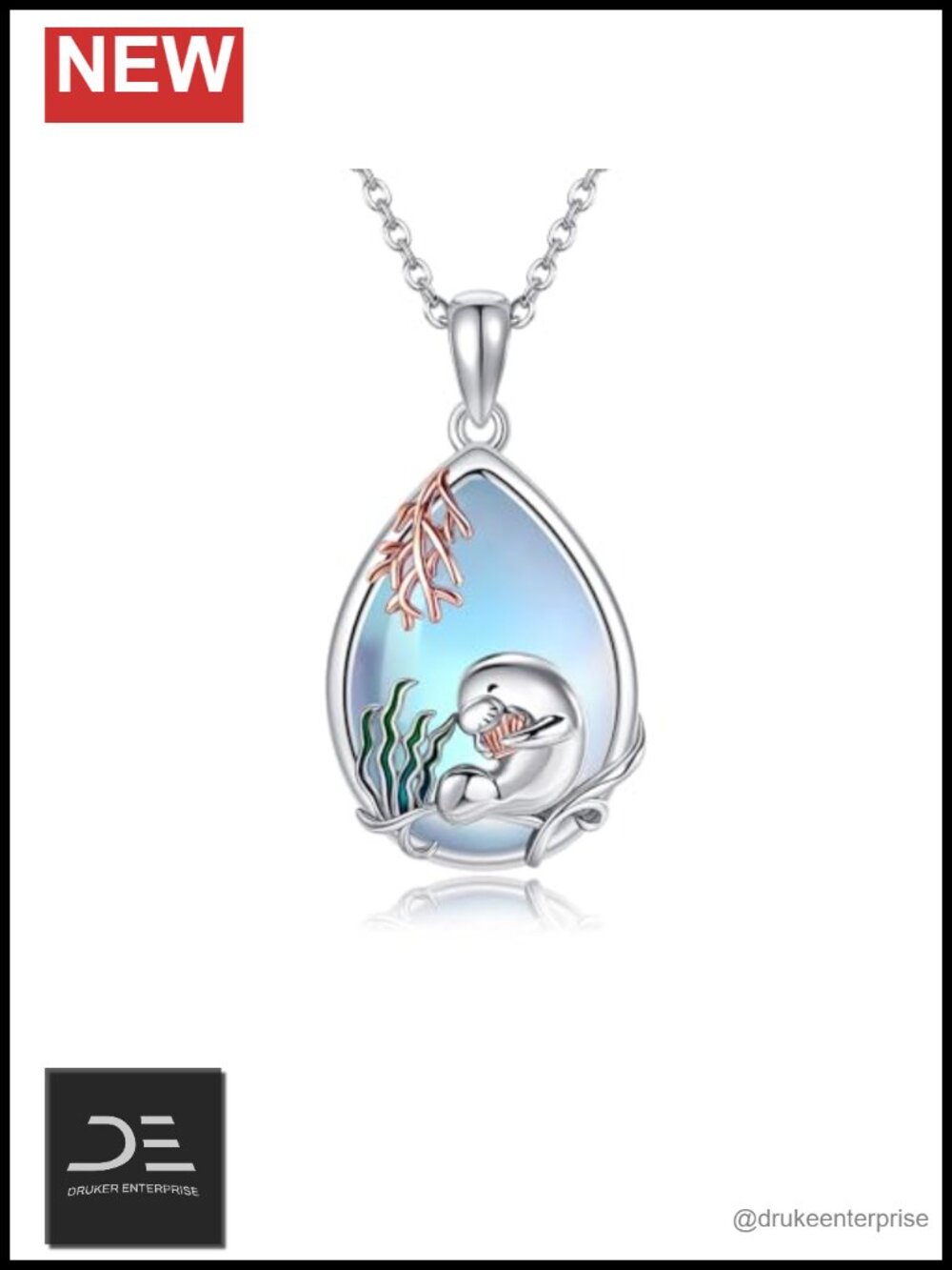Manatee Pendant Necklace 925 Sterling Silver Moonstone Ocean Sea Animal Jewelry